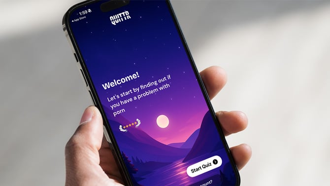 An iPhone displays the welcome screen for the Quittr app.