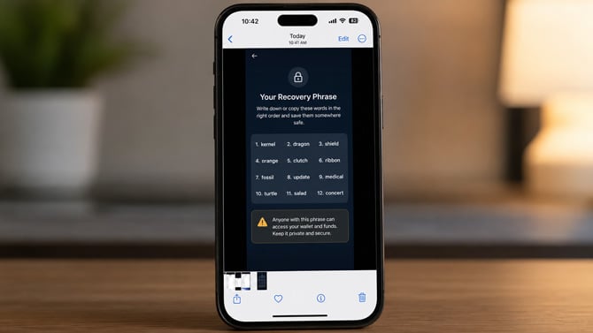 A concept image shows a phone with a recovery phrase onscreen.