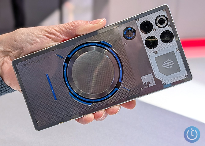 Redmagic 11 Pro shown from the back where you can see a blue circle of the liquid coolant