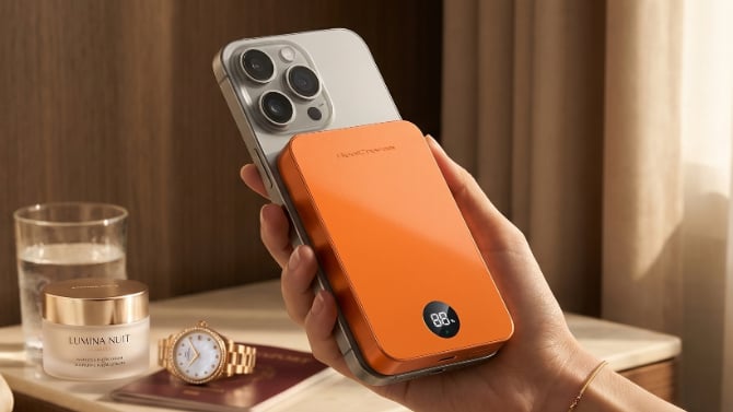 ReelCharge 10K orange power bank in use on an iPhone
