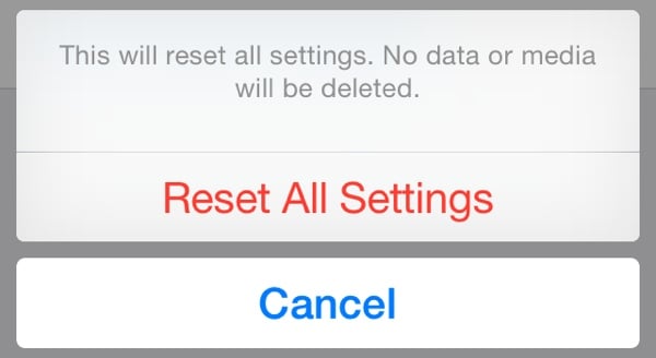 Reset all Settings prompt in iOS 8