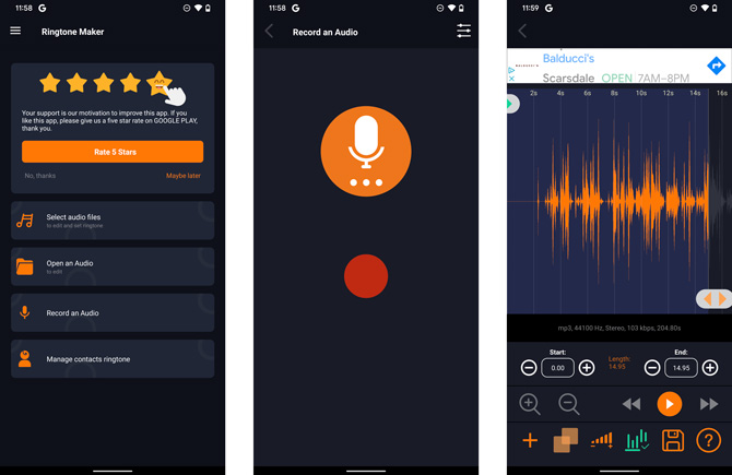 Three screenshots of Ringtone Maker-Audio Cutter app. From the left, the first screenshot is the home screen with options to Select audio files, open an Audio, Record an Audio and Manage contacts ringtone. The second screenshot is entitle Record and Audio and shows and orange mic button and red dot to record. The third screenshot shows and ad at the top, with an audio waveform beneath with blue and orange slider bars. Beneath is the start and end timestamps. Beneath that are icons to enlarge and shrink the audio waveform and rewind, play and fast forward. At the bottom are are plus sign to add and audio file, two interlocking squares to merge audio files, a volume boost button  showing increasing volume with minus and plus, a waveform in green, a save icon, and a question mark. 