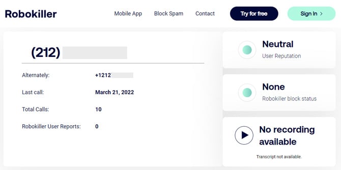 Robokiller report for a phone number showing not spam