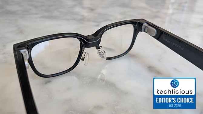 Roki Glasses shown through the lens.The Techlicious Editor's Choice Award logo is in the lower left.