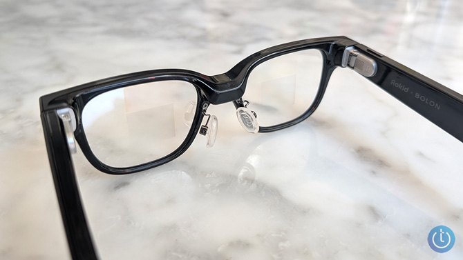 Rokid Glasses seen looking through the lenses. You can the sqaures for the waveguide display.