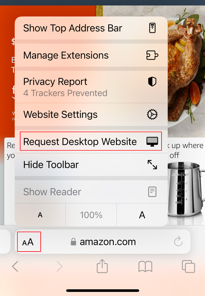 Screenshot of Safari app showing the menu bar with the option to Request Desktop Website in a red box and the toolbar icon in a red box at the bottom.