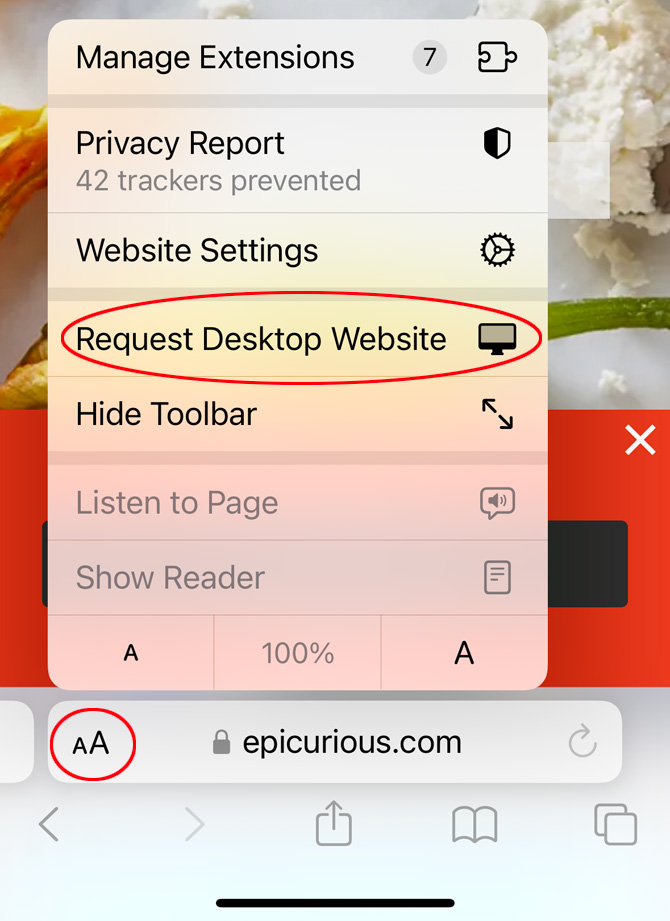Screenshot of Safari app showing the menu bar with the option to Request Desktop Website in a red circle and the toolbar icon in a red circle at the bottom.