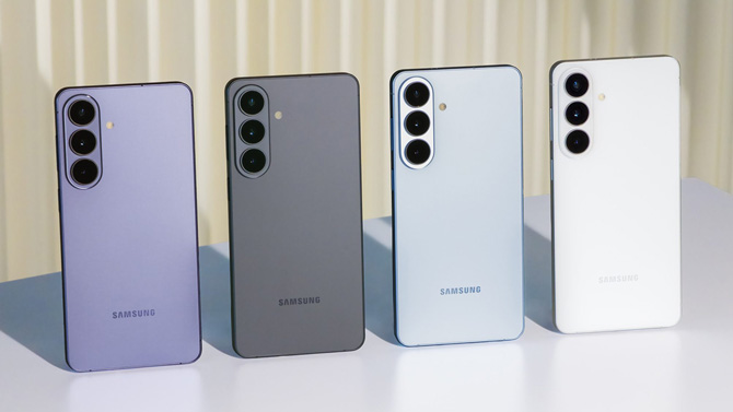 The Samsung Galaxy S26 series shown (from the left) in Cobalt Violet, Black, Sky Blue, and White.