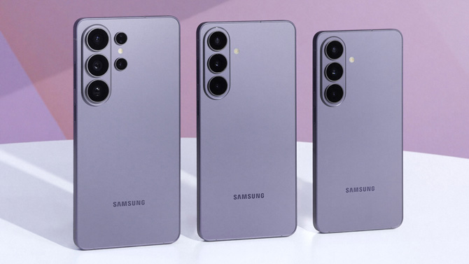 The Samsung Galaxy S26 Family from the left: The S26 Ultra, S26+, and S26.