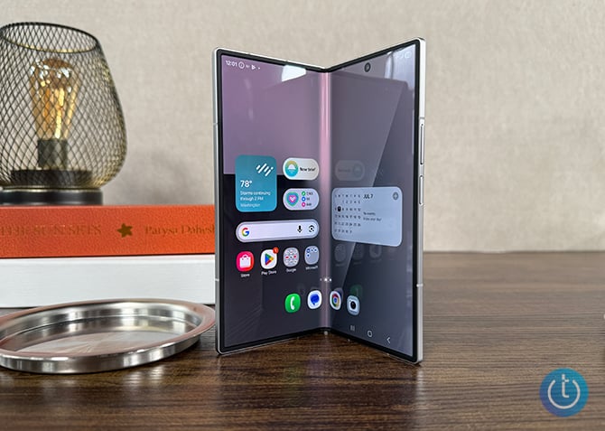 Samsung Galaxy Z Fold 7 shown with the screen partialy open