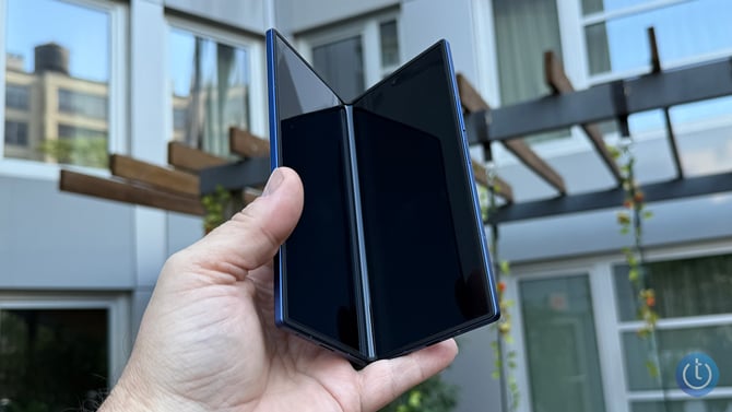 Samsung Galaxy Z Fold7 is shown from the front half folded.