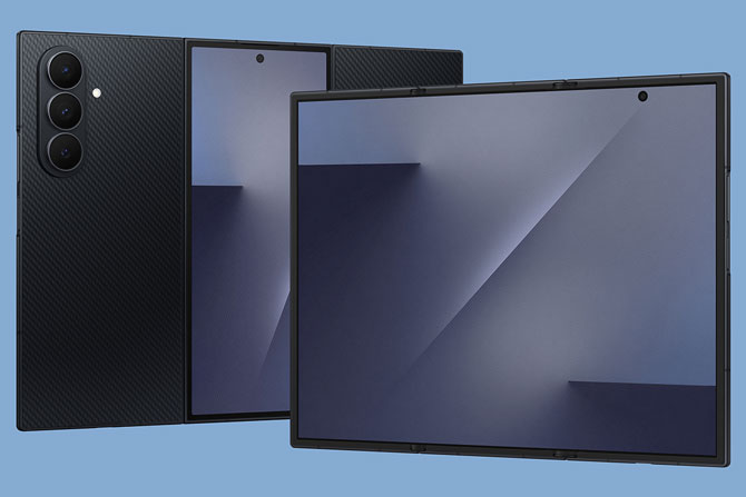 Samsung Galaxy Tri Fold phone shown open from the back and the front