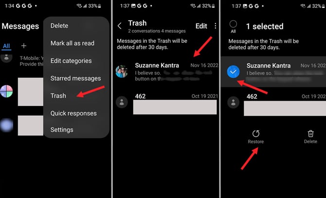 Three screenshots of the Samsung Messages app. On the left you see the pulldown menu of the Samsung Messages app with Trash pointed out. In the middle you see the Trash folder with a message pointed out. On the right you see a message selected with a blue check mark and the restored button pointed out. 