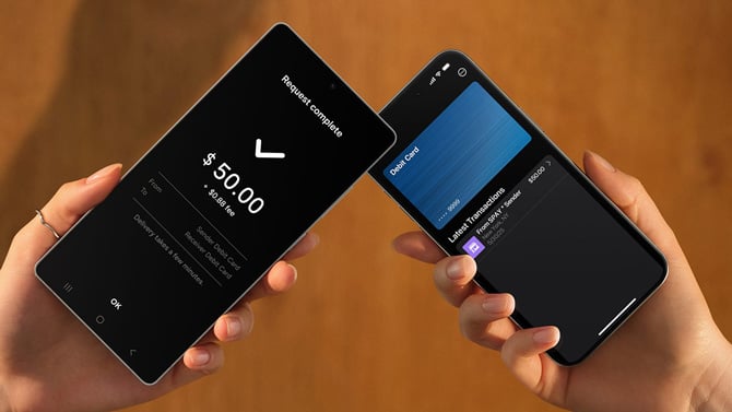 Concept of a Samsung phone sending cash to another phone's debit card.