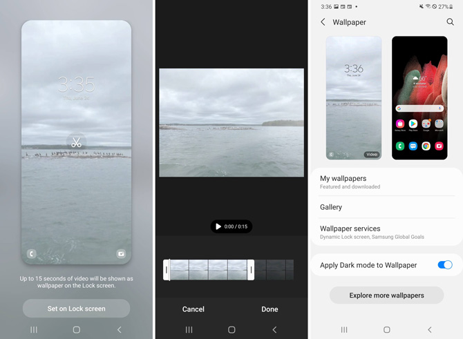 3 screenshot of Samsung phone wallpaper selection. From the left, screenshot 1 shows a preview of video and the optin to set on Lock screen. Screenshot 2 shows editing to crop the video to 15 seconds. Screenshot 2 shows the main wallpaper setting screen with options for My wallpapers, Gallery, Wallpaper service and a button to Explore more wallpapers.