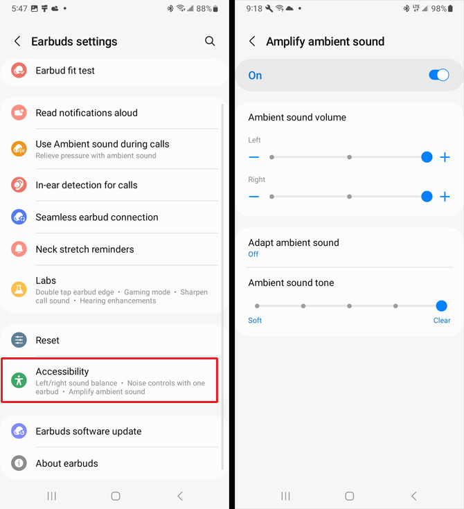 Two screenshots of the Samsung Wearable app. On the left, you see the settings screen for the Galaxy Buds2 Pro with Accessibility selected. On the right, you see slider controls for amplifiying ambient sound. 