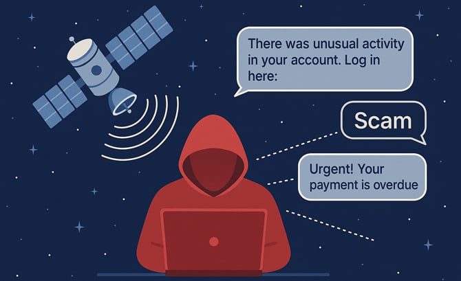 Illustration of a scammer using satellite internet service to send messages