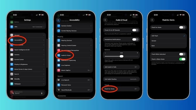 screenshots showing how to set the screen to flash for alerts