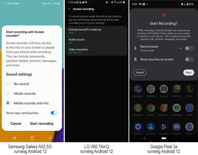 Three screenshots of the Android screen recording feature for Android 12. From the left, the first screenshot shows the screen recording options for the Samsung Galaxy A52, the middle screenshot shows options for the LG V60 ThinQ, and the right screenshot shows the screen recording options for the Google Pixel 3a.
