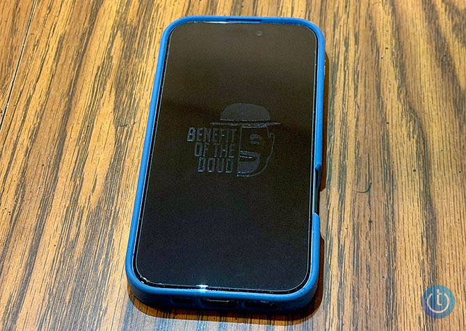 iPhone with a custom Screen Skinz with Benefit of the Doud logo