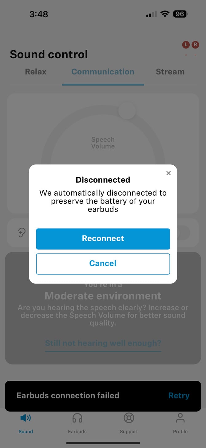 Screenshot of Sennheiser app showing a disconnected notice: We automatically disconnect to preserve the battery of your earbuds.