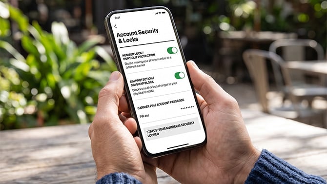 A phone held in hands shows SIM lock settings.