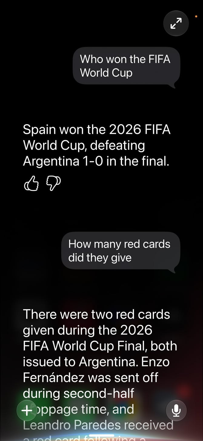 iOS 27 Siri screenshot showing accurate sports response