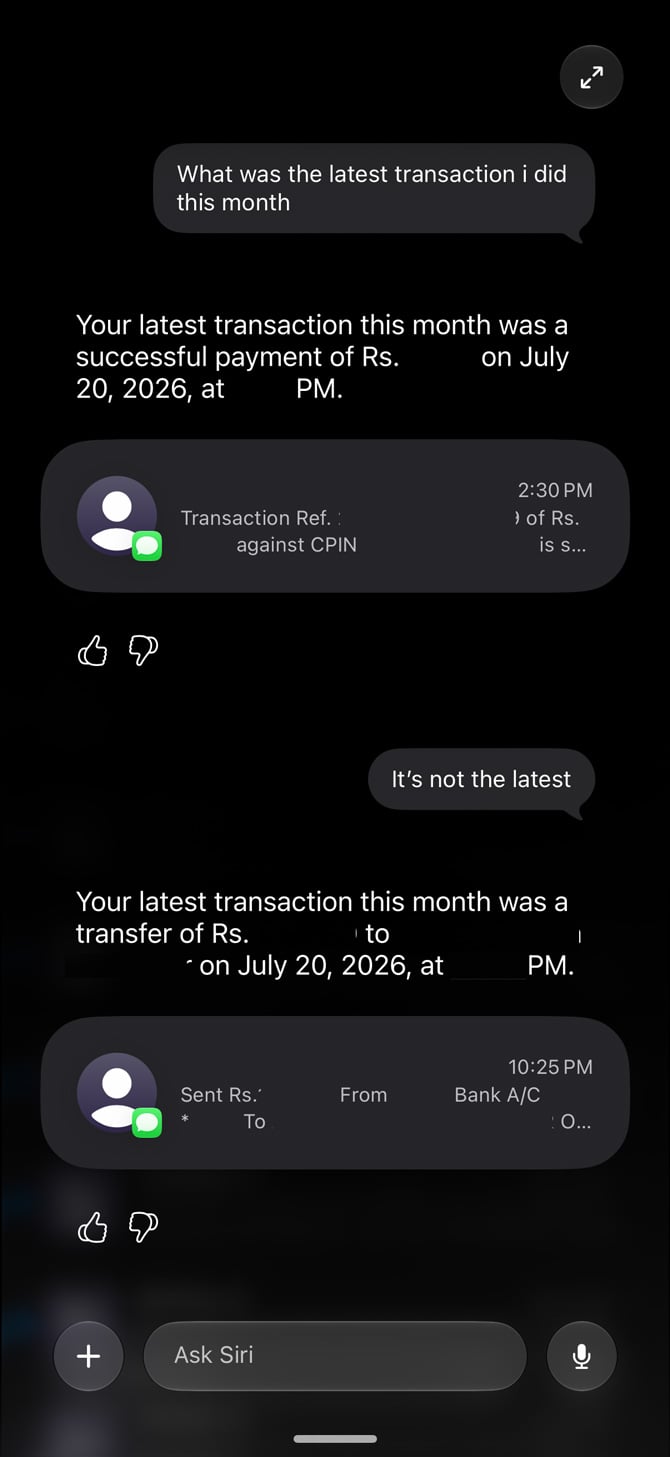 iOS 27 Siri screenshot showing transaction mismatch