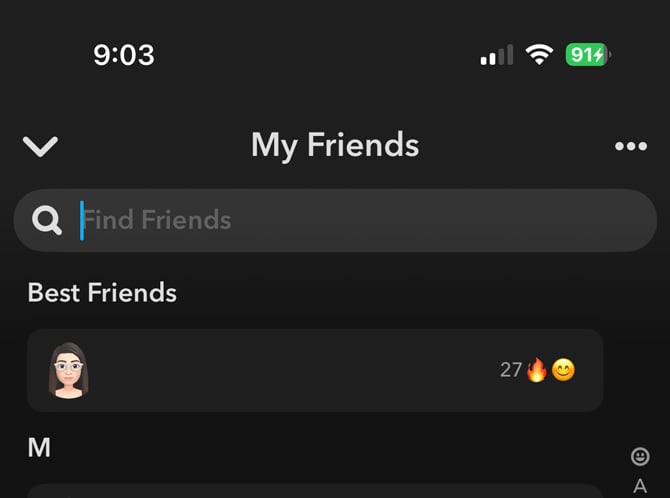 Screenshot of Snapchat My Friends list with the search bar at the top.