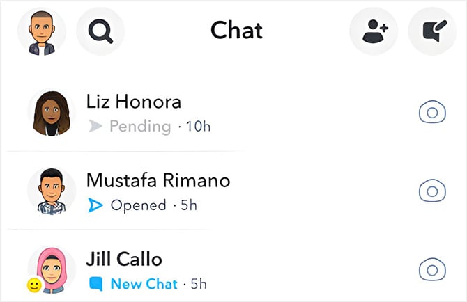 Screenshot of Snapchat showing a gray Pending arrow under a chat.