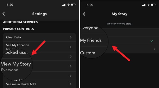Two screenshots of Snapchat app Settings. On the left you see the Settings menu with View My Story highlighted and pointed out. On the right, you see the Who can view My Story setings with My Friends highlighted and pointed out. 