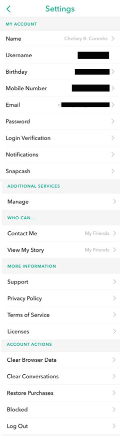 Snapchat Settings Menu