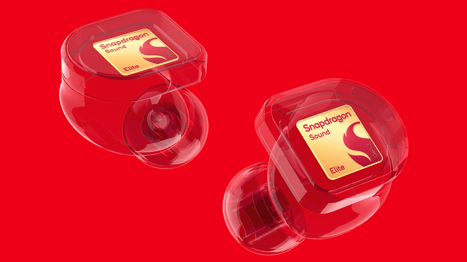 Earbuds mockup showing the Snapdragon Sound Elite Gen 2 chip embedded in earbuds
