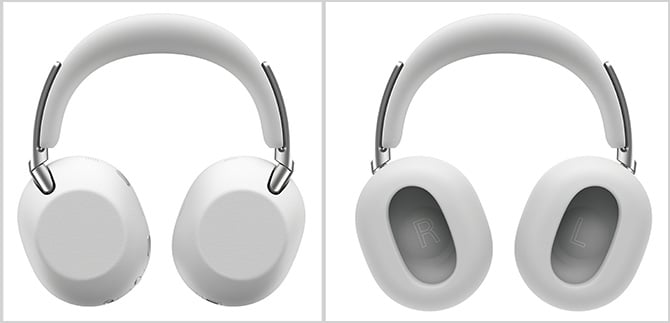 The Sony 1000X The Collection headphones in platinum shown from the front and back laid flat.