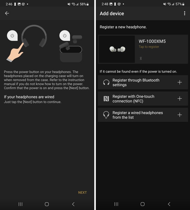 Two screenshots of the Sony Connect Headphones app. On the left you see the initial screen telling you to put your headphones in pairing mode. On the right you see the Sony WF-1000XM5 under Register a new headphone.