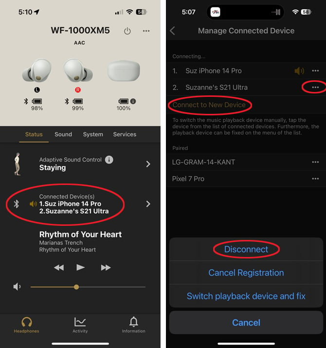 Two screenshots of the Sony Headphones Connect app. On the left you see the main screen for your headphones with the Connected Devices section circled. On the right, you see the Manage Connected Devices screen with the screen showing the option to Disconnect a device circled. 