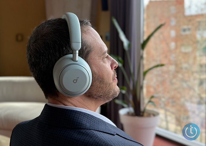 Co-Founder Josh Kirschner wears a Seafoam Green pair of the Soundcore Space 2 headphones