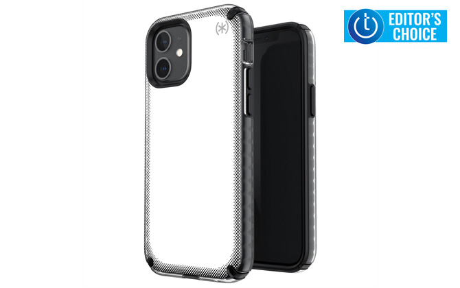 Speck Presidio 2 Armor Cloud case shown in white from the front and back . Techlicious Editor's Choice award logo in upper right