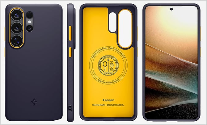 Spigen Nano Pop Magfit case in Blueberry Navy with yellow accents