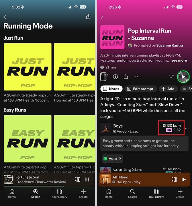 Two screenshot of the Spotify App. On the left is a list of Running Mode playlists. On the right is my custom playlist with the beats per minute and Camelot Key highlighted with a red box.
