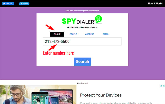 SpyDialer home page with a box with tabs on top. The first, entitled phone, is highlighted in black. In the box is a phone number and below the box in red is an arrow with the text enter number here.