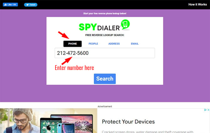 SpyDialer home page with the Phone tab selected. In the box is a phone number and below the box in red is an arrow with: enter number here.