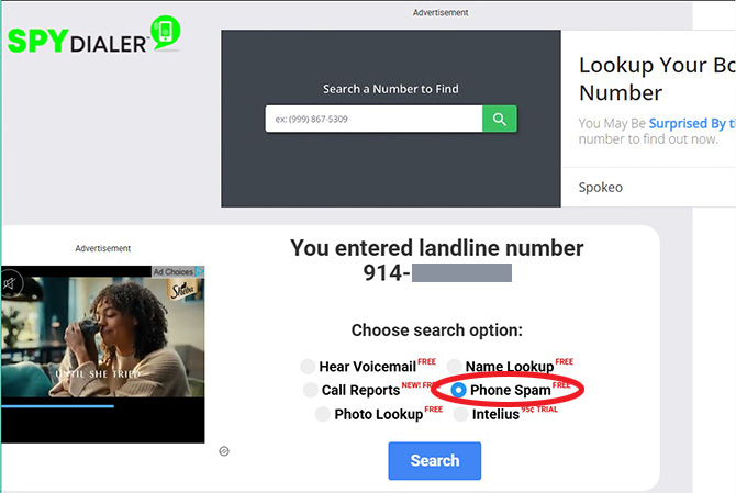 Screenshot of Spydialer site showing Phone Spam circled in red.