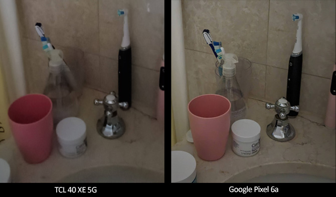 Photos taken in dark bathroom. On the left you see a slightly blurry image taken by the TCL 40 XE 5G. On the right you see a crisper image taken by the Google Pixel 6a.