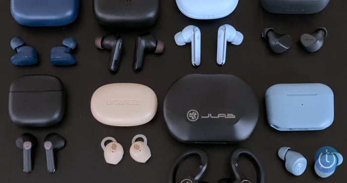 Super Six Group shot ID: Top row left to right – JBL TUNE130NC, JBL TUNE230NC,  Soundcore by Anker Life P3, Jabra Elite 3; Bottom row (left to right) Soundpeats Air3, Urbanista Lisbon, JLab Epic Air Sport ANC, JLab Go Air Pop