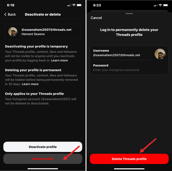 Two screenshots of the Threads app. On the left you see the Deactivate or delete screen with the Delete profile button pointed out. On the right, you see the Delete screen with the Delete Threads profile button pointed out. 