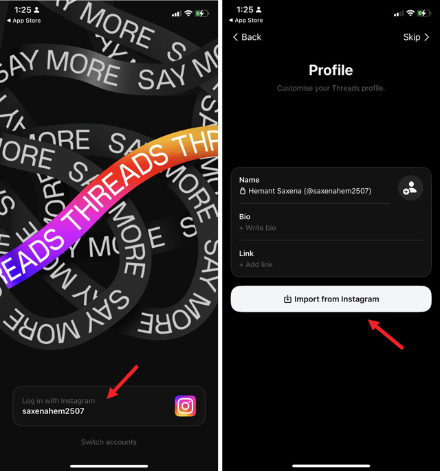 Two screenshots of Threads app. On the left you see the Log in with Instagram option pointed out. On the right you see the profile page with the button to import from Instagram. 