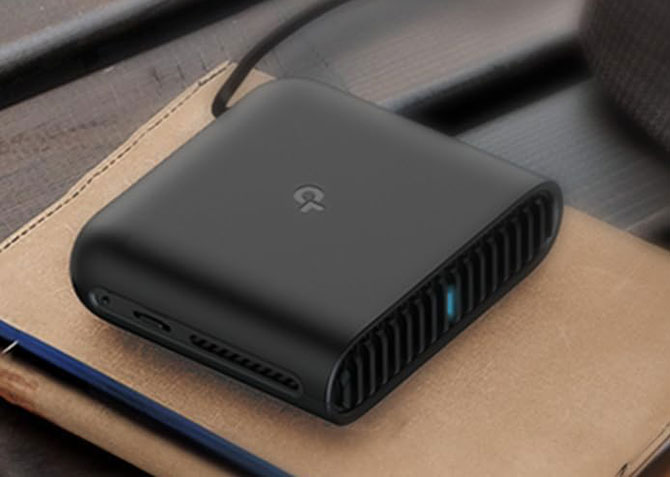 TP-Link Router rests on an airport chair.