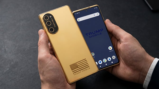 The third generation Trump Phone T1 design as seen from the back and front.