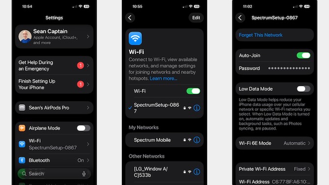 Three screenshots showing steps to turn off auto join for a Wi-Fi network